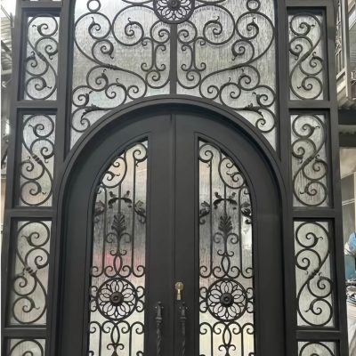 Artisan-Crafted Arched Wrought Iron Door with Integrated Transom & Side-Lites