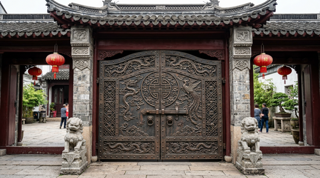 ornate traditional Chinese metal gate with dragon and phoenix motifs and stone guardian lion statues