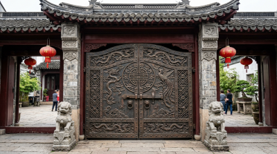 ornate traditional Chinese metal gate with dragon and phoenix motifs and stone guardian lion statues