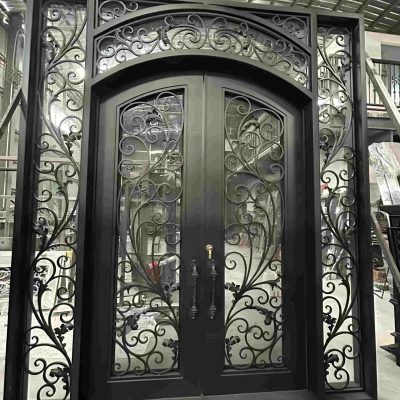 Custom square-form black villa gate with hand-forged wrought iron panels and clean geometric lines – luxury modern estate entrance