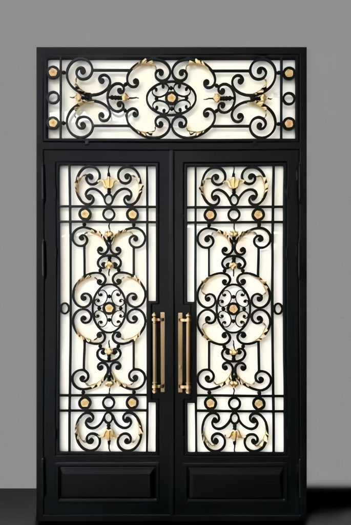 Presenting the Premium Cast Iron Spiral Staircases by Like Metal, featuring ornate black ironwork, gold accents, and intricate swirling patterns with elegant gold details, perfect against any light background.