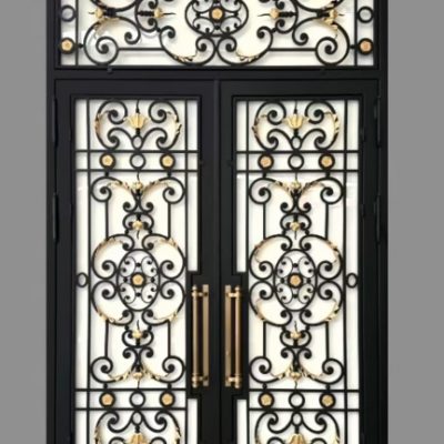 Black handcrafted wrought iron gate with matte finish and forged scrolls for luxury villa entrance