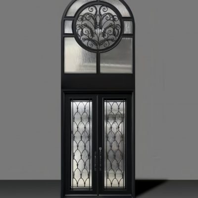 Elegant wrought iron and glass double door with arched transom