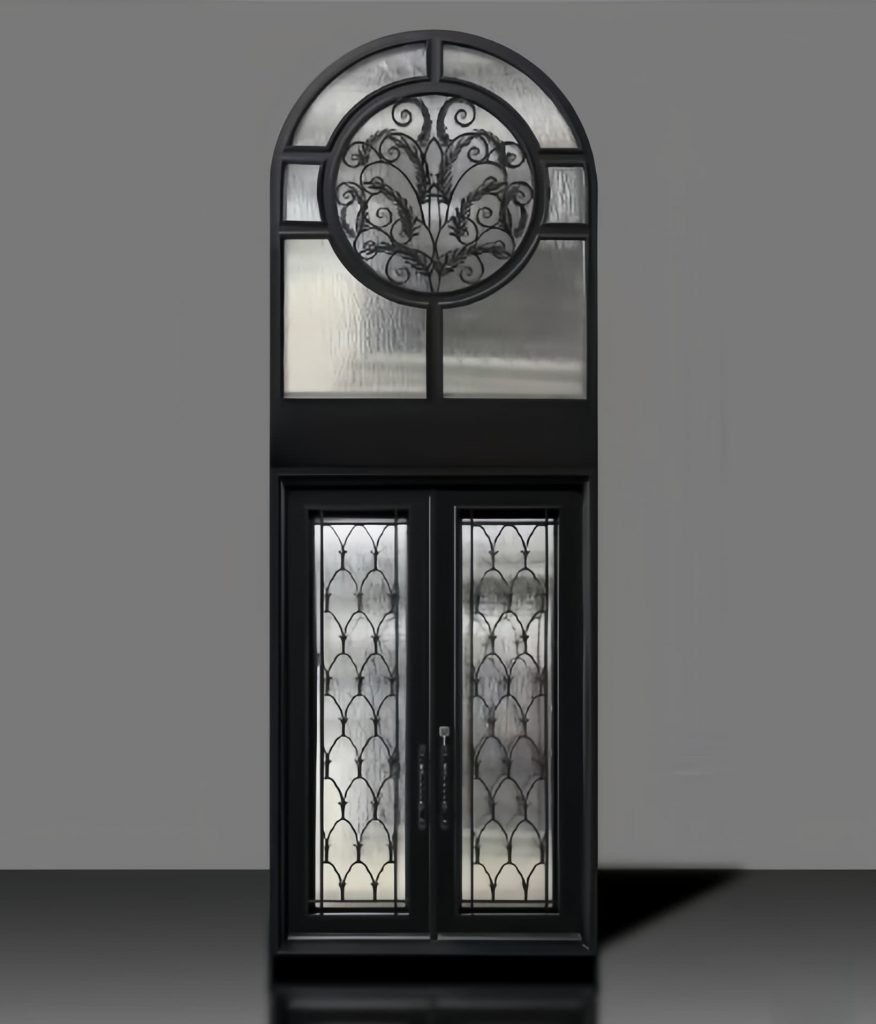 Elegant wrought iron and glass double door with arched transom