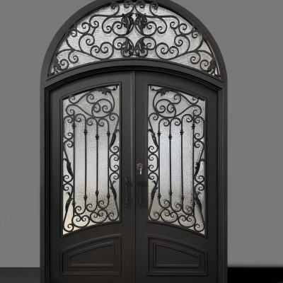 Custom arched villa door with hand-forged iron frame and cathedral-style glass – luxury curved entrance