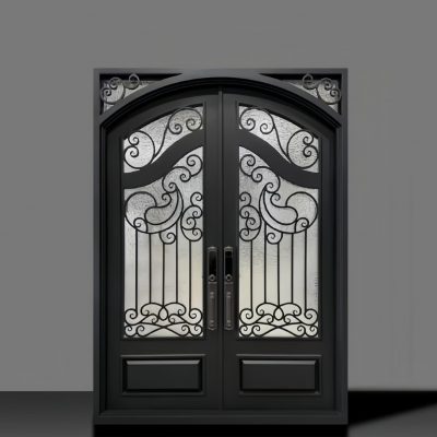 Custom wrought iron door hand-forged in China with elegant scrollwork and tempered glass – luxury villa entrance