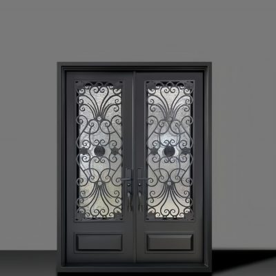 Premium villa double entry door with symmetrical wrought iron panels and concealed smart locks – grand luxury entrance