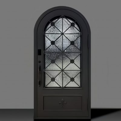 Secure and stylish villa side door with wrought iron panel and frosted glass insert – private estate secondary entrance