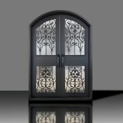 Luxury villa double entry door with light-permeable frosted glass panels – grand symmetrical entrance