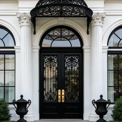 Custom high-end black mansion entrance door with matte finish and sleek metal hardware – luxury villa security front door