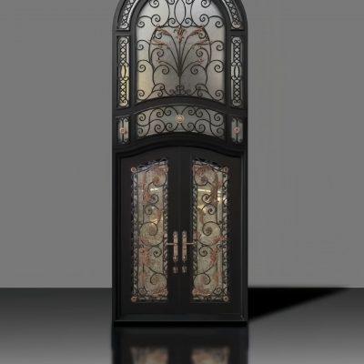 High-end custom European style arched wrought iron glass entry door – luxury villa cathedral entrance