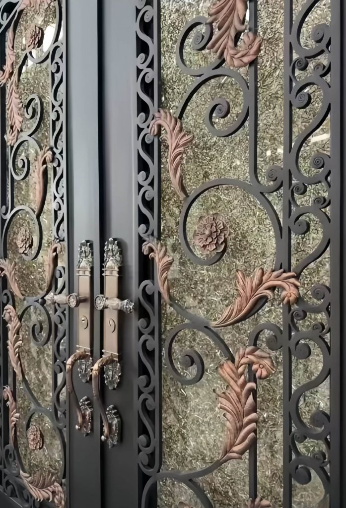 Luxury mansion entrance door with premium metal finish and panoramic glass – grand villa security front door