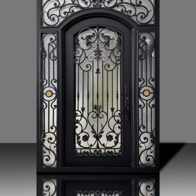 Installed hand-forged wrought iron villa door with matte glass – real-life entrance transformation