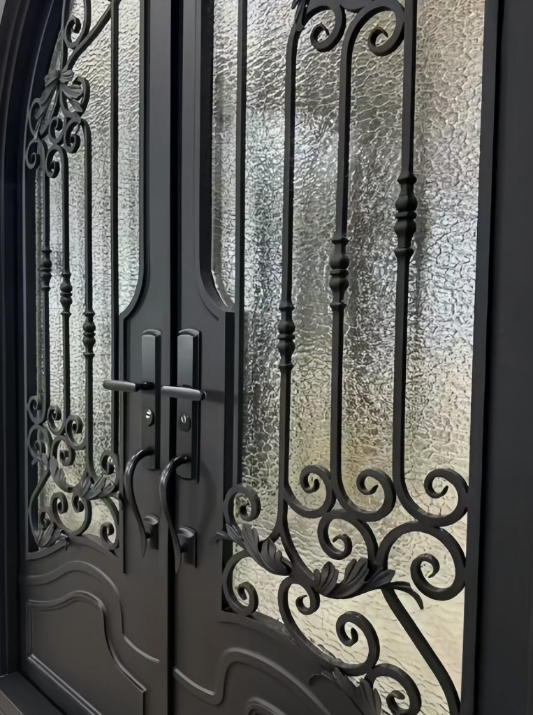 Luxury villa entry door with frosted glass panels and a sleek black metal frame – modern security entrance