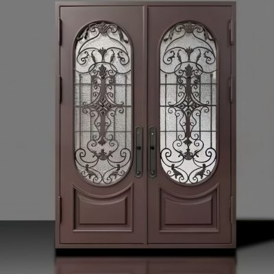 High‑end double‑leaf handcrafted wrought iron villa entrance door with premium black finish