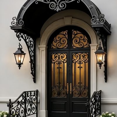 Black double‑leaf handcrafted wrought iron villa gate with integrated decorative canopy