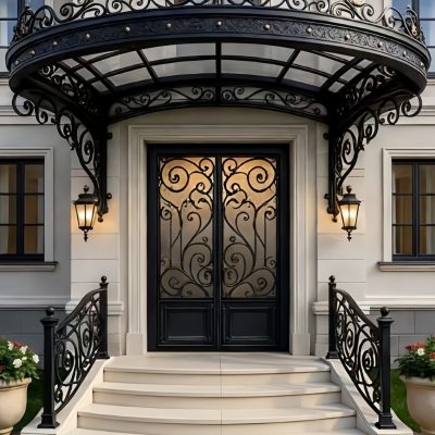 Ornate handcrafted wrought iron first‑floor villa main gate with black finish