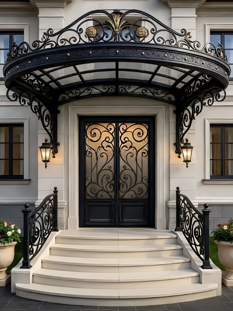 Ornate handcrafted wrought iron first‑floor villa main gate with black finish