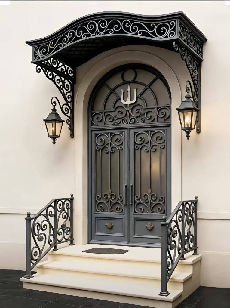 Black handcrafted wrought iron villa gate with ornate scrollwork and premium matte finish