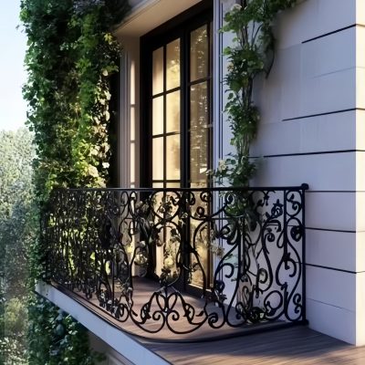 High-end custom balcony railing with hand-forged wrought iron scrollwork and tempered glass infill – luxury villa balustrade