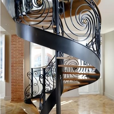 Villa spiral staircase custom factory – hand-forged wrought iron rotating stairs with wooden treads and glass balustrade