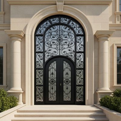 Custom Wrought Iron Patio Door with Glass Panels