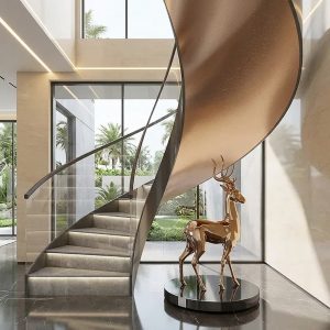 LIKE Metal custom-made modern metal staircase featuring a sleek cantilevered design with steel stringers, glass panel balustrades, brushed stainless steel handrails, and floating treads, creating a minimalist architectural statement for contemporary homes, corporate offices, and luxury commercial spaces.