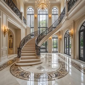LIKE Metal custom-made European-style wrought iron stair railings featuring ornate scrollwork, classical balusters, decorative finials, and elegantly curved handrails with a durable black powder-coated finish, crafted for luxury villas, boutique hotels, and historic property renovations.