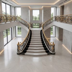 LIKE Metal custom wrought iron stair railings featuring elegant hand-forged balusters, decorative scrollwork, sturdy handrails with matching brackets, and durable black powder-coated finish, designed for residential homes, commercial buildings, and luxury villas.