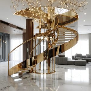 LIKE Metal golden staircase custom manufacturer showcasing a luxurious gold PVD-coated metal staircase with elegant wrought iron balusters, polished brass handrails, and ornate decorative scrollwork, designed for high-end hotels, luxury villas, and prestigious commercial projects requiring premium gold finishes.