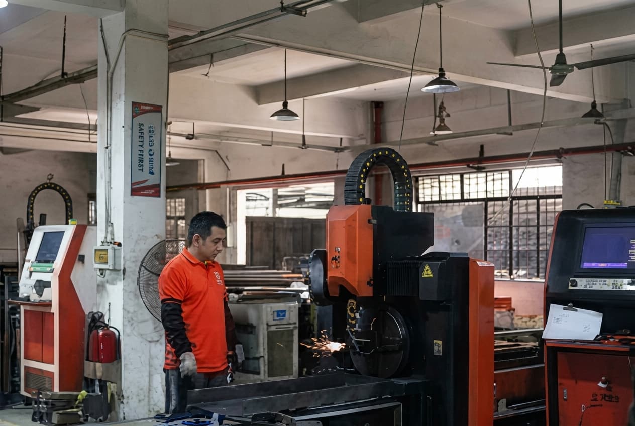 LIKE Metal table leg material cutting workshop showing raw steel tubes and bars neatly stacked in storage racks, with precision sawing machines and laser cutters slicing materials to exact lengths, while workers organize cut pieces for the next production stage.