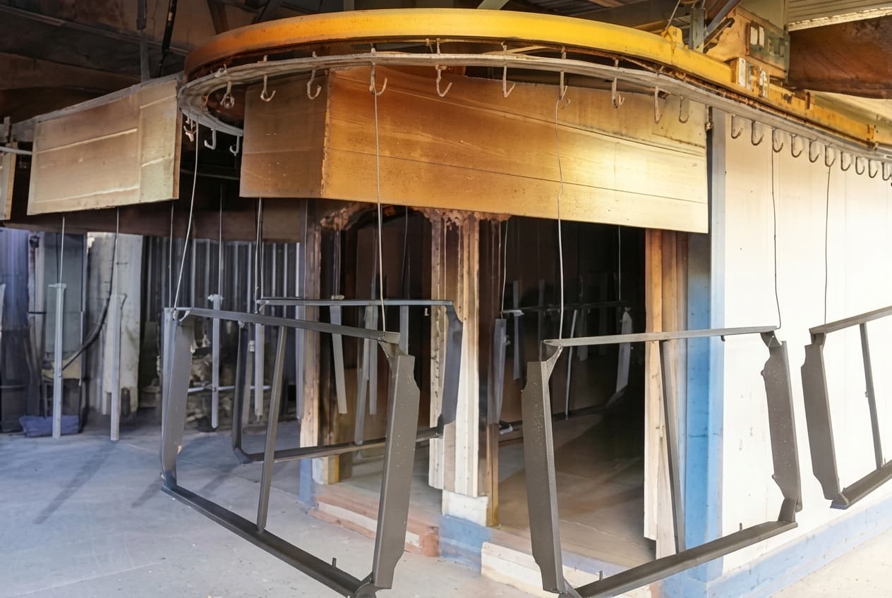 LIKE Metal PVD coating workshop for table legs featuring advanced vacuum deposition equipment, with operators monitoring the plating process through control panels, and finished table legs displaying premium gold, bronze, black, and champagne-colored PVD finishes ready for furniture manufacturing.