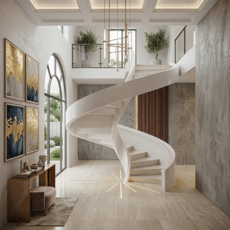 White Steel Helical Spiral Staircase