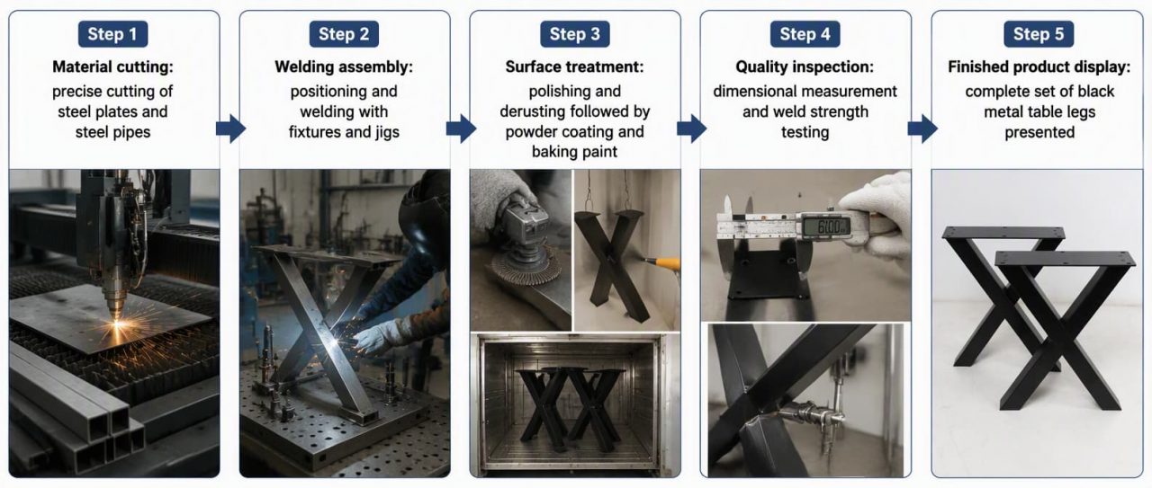 LIKE Metal table leg production flow chart illustrating the complete manufacturing process from raw steel tubes and wrought iron bars through cutting, forging, welding, grinding, powder coating, quality inspection, and packaging for finished metal table legs.
